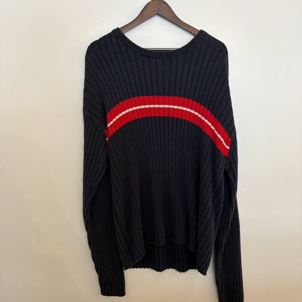 Aeropostale Mens XL Ribbed Knit Sweater Navy Blue Red Stripe Ramie Cotton Blend